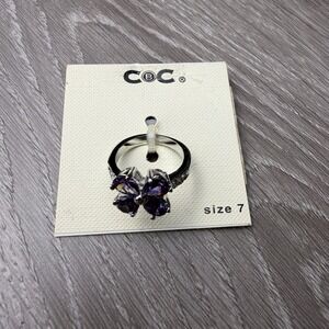 CBC Macy's Silvertone Flower Ring Four Leaf Clover Purple CZ Size 7 New